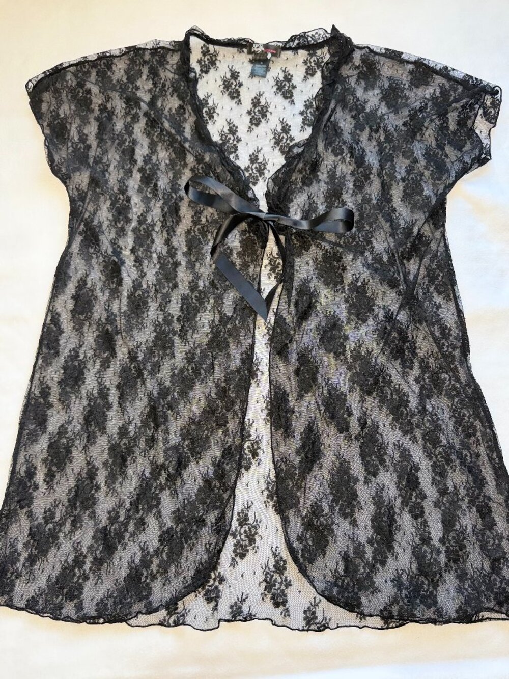 Smart & Sexy Black Floral Lace Sheer Lingerie Duster Robe Tie Front Size XL